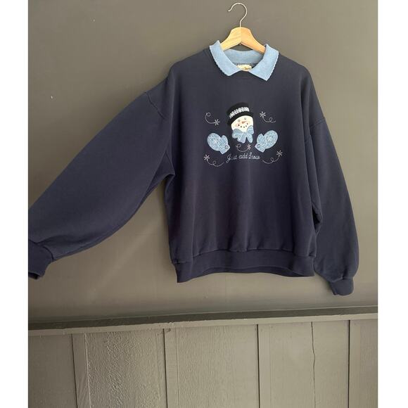 Vintage Double Collar Navy Blue Snowman Christmas Holiday Crewneck Sweatshirt XL - Picture 2 of 8
